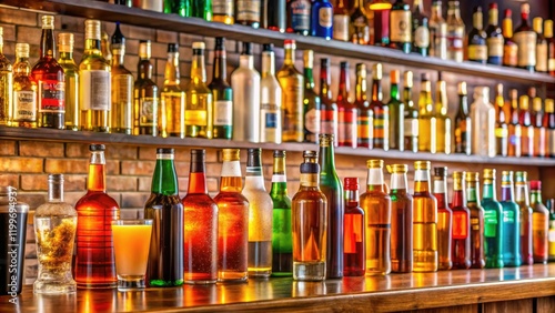 A colorful array of beers and liquors on the shelf behind the bar, bottles, mixer, display, arrangement