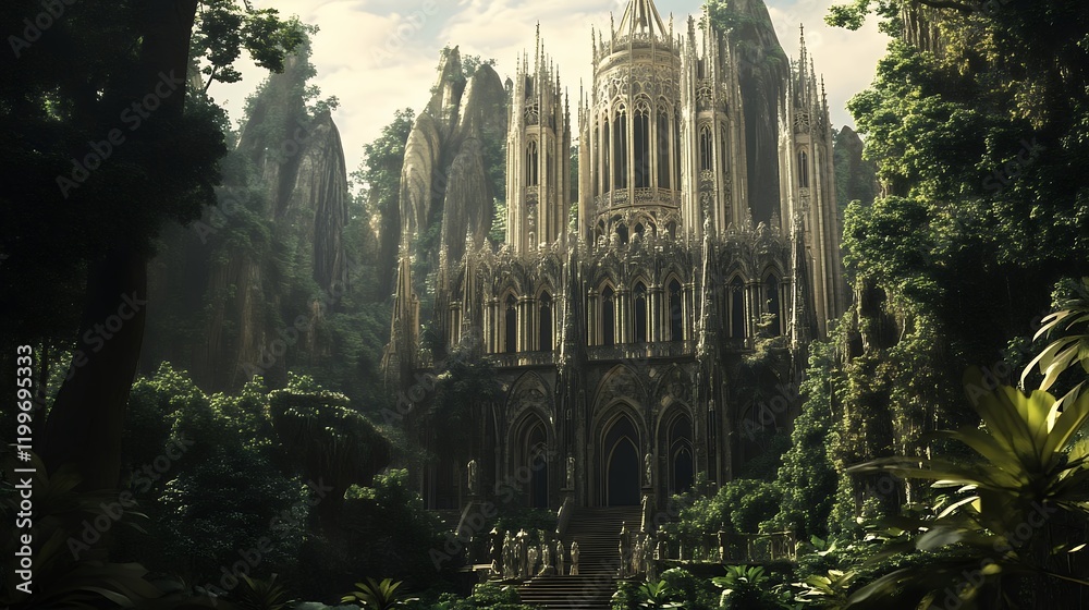 Enchanted Gothic Cathedral in Lush Jungle Setting Enchanted Gothic Cathedral in Lush Jungle Setting