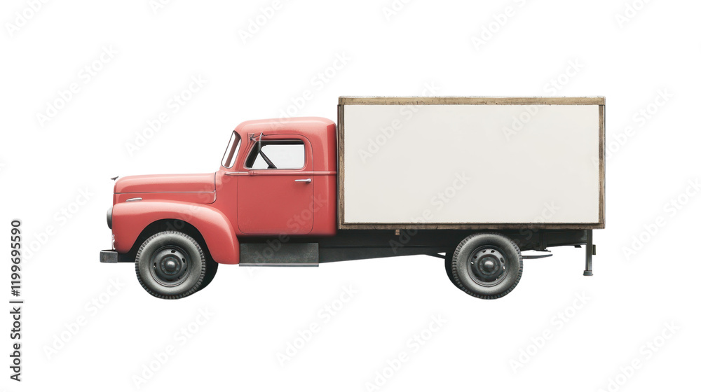 Fototapeta premium A vintage red delivery truck with a blank white side, isolated on a white background, ideal for advertising and promotional materials.