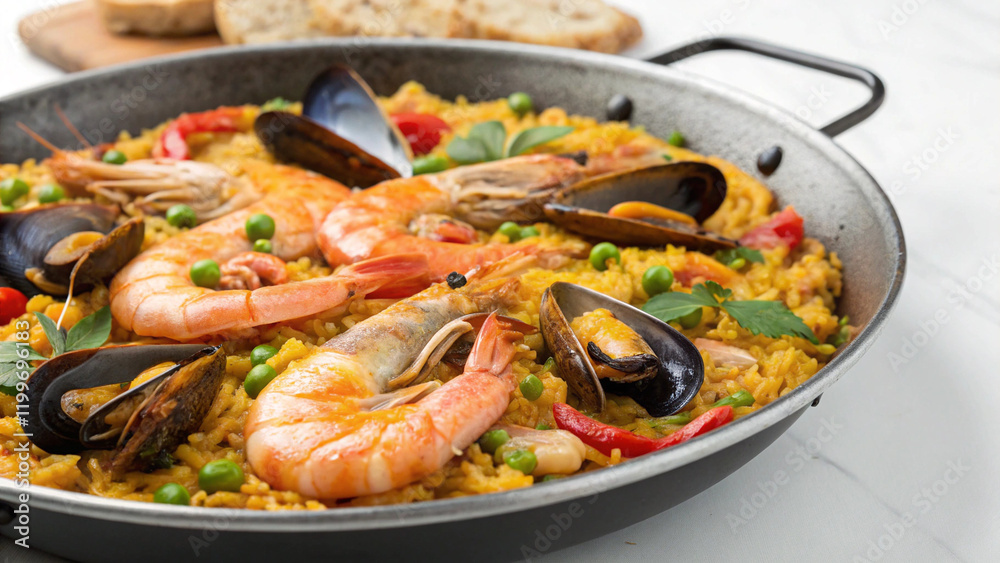 A vibrant paella bursting with succulent seafood, a delicious Spanish dish perfect for a gourmet lunch or dinner A vibrant paella bursting with succulent seafood, a delicious Spanish dish perfect for a gourmet lunch or dinner