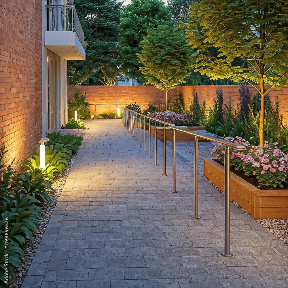 Inclusive courtyard with wheelchair-accessible paths, ramps, and ergonomic seating. Ideal for articles, blogs, or ads about accessible design. Space left for text overlay. Inclusive courtyard with wheelchair-accessible paths, ramps, and ergonomic seating. Ideal for articles, blogs, or ads about accessible design. Space left for text overlay.