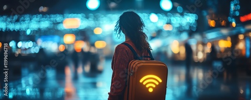 Traveler with suitcase, standing before a digital location marker and wifi symbol, representing the intersection of travel, technology, and global connectivity photo