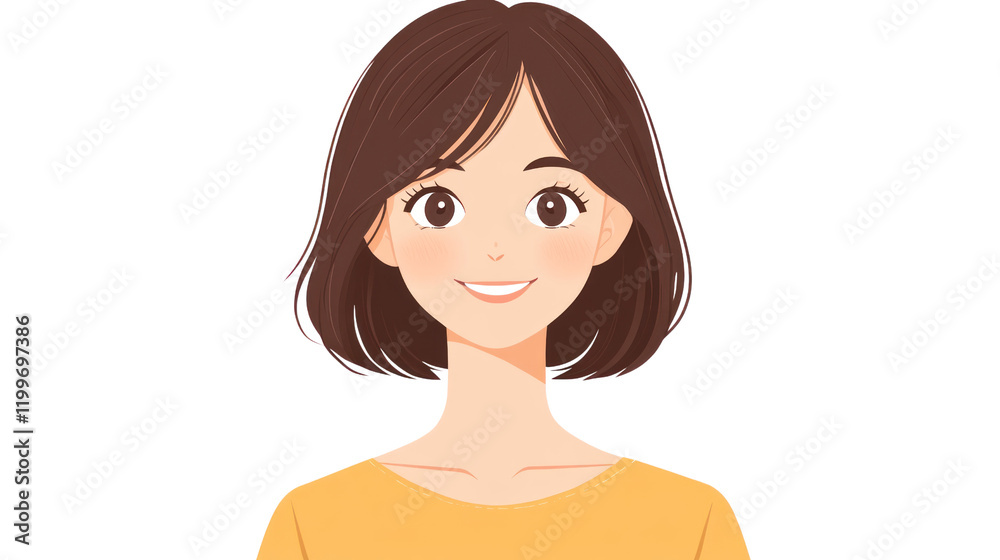 A cheerful young woman with short brown hair wearing a yellow shirt, smiling and looking friendly against a transparent background. A cheerful young woman with short brown hair wearing a yellow shirt, smiling and looking friendly against a transparent background.
