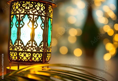 Ornate Moroccan lantern, intricate metalwork, warm glowing light, plate of dates, bokeh background, golden ambient lighting, Ramadan atmosphere, cozy evening scene, rich colors, close-up photography, photo