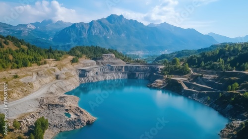 From above, the sprawling open-pit mining quarry reveals its terraced layers and vibrant blue water, framed by a picturesque mountain backdrop.