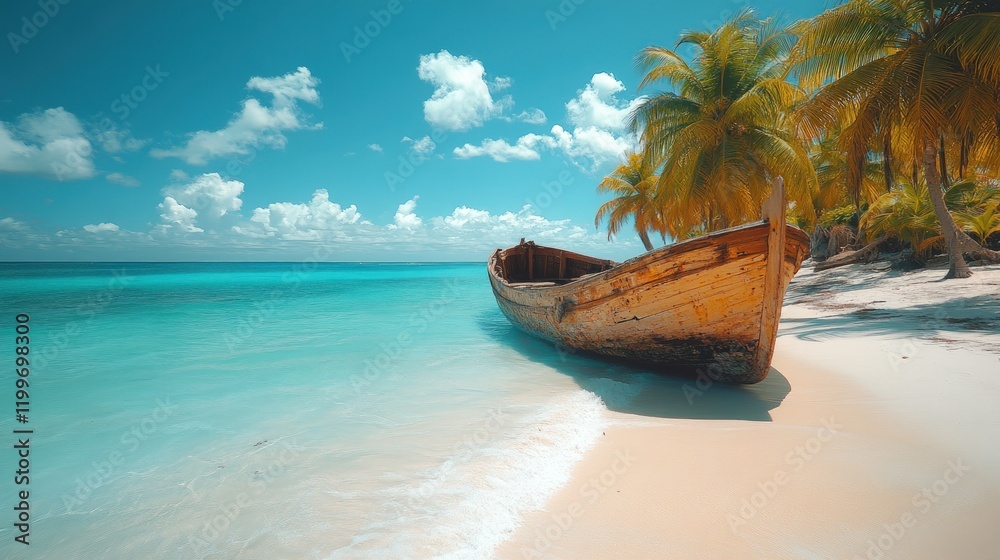 Fototapeta premium Wooden boat on tropical beach, palm trees.