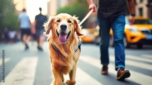 Candid Street Moment with Golden Retriever and Pedestrians