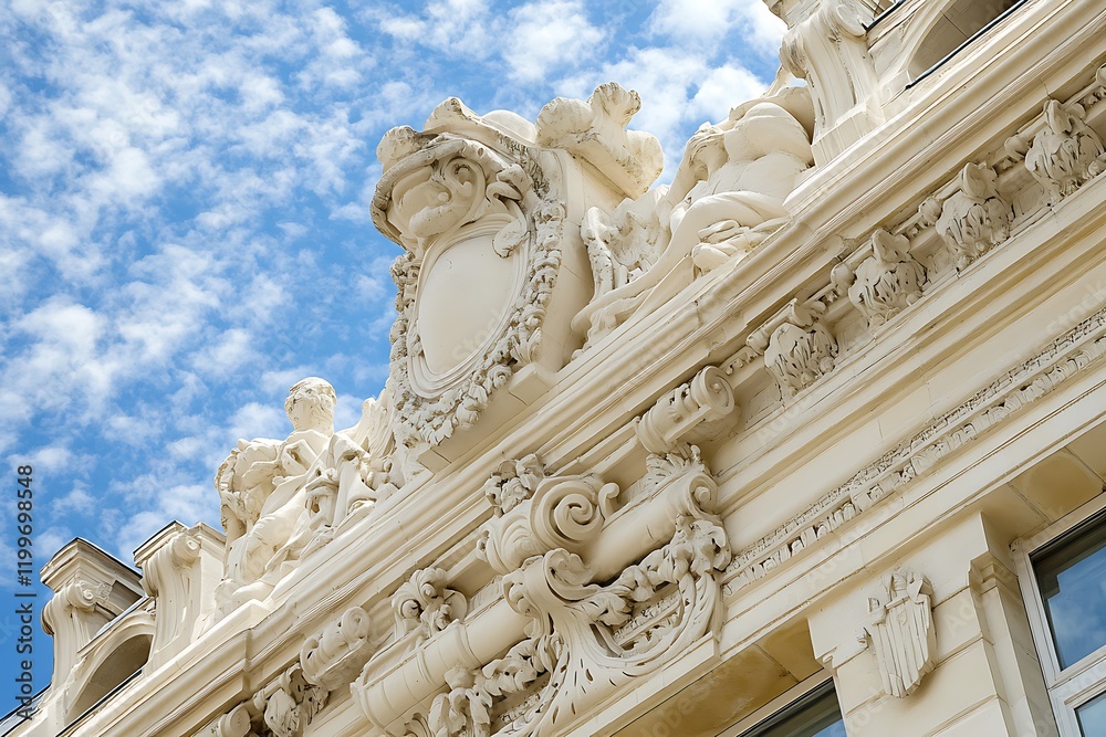 Naklejka premium Ornate Stone Carvings Adorn a Classic Building Facade
