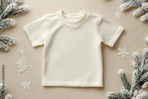 Baby Tshirt Mockup for Logo Text or Design on Beige Background with Winter Decotations Top View photo