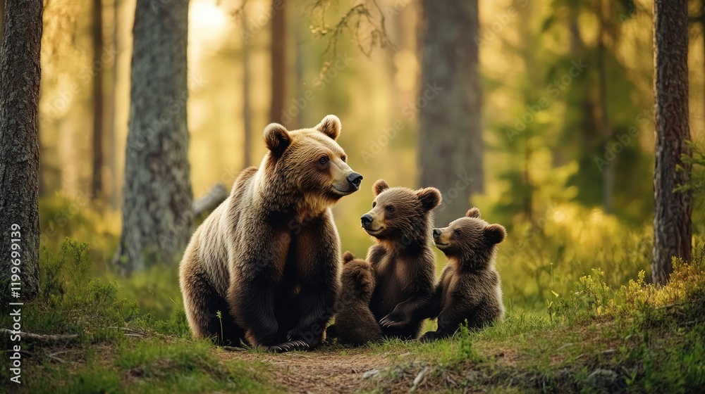 Fototapeta premium Brown bear family interacts playfully.