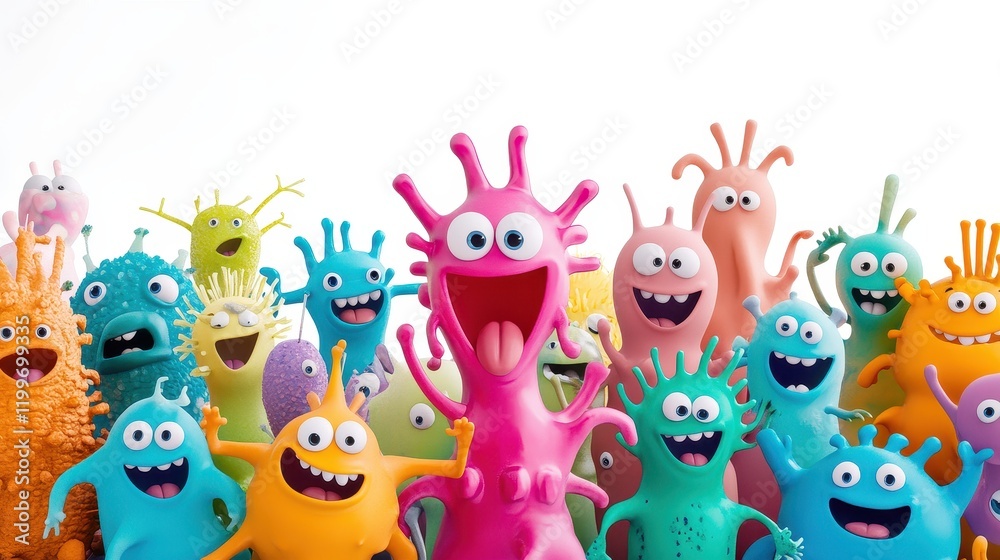 A whimsical depiction of a bacteria party, animated characters, joyful expressions, isolated on white background A whimsical depiction of a bacteria party, animated characters, joyful expressions, isolated on white background