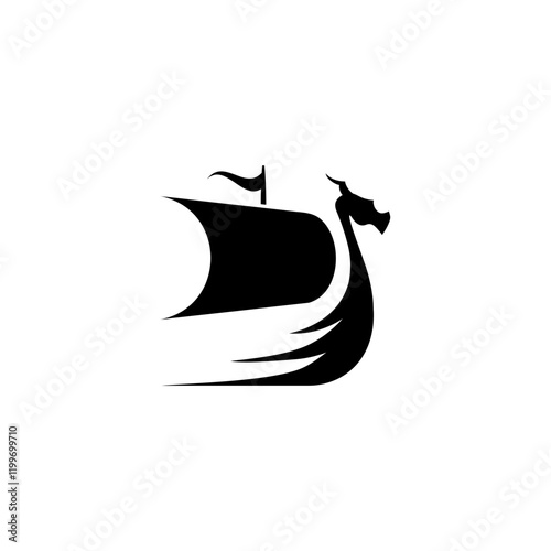 A simple black drakkar icon with a Nordic sail and dragon figurehead, symbolizing Scandinavian oceanic history and Norse legends.