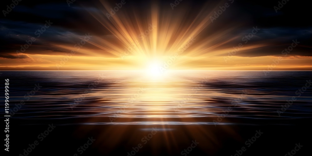 Fototapeta premium A stunning sunrise over the ocean, with vibrant orange and yellow rays reflecting on the water. Concept Sunrise Over Ocean, Vibrant Colors, Reflection on Water, Serene Scenery, Nature's Beauty