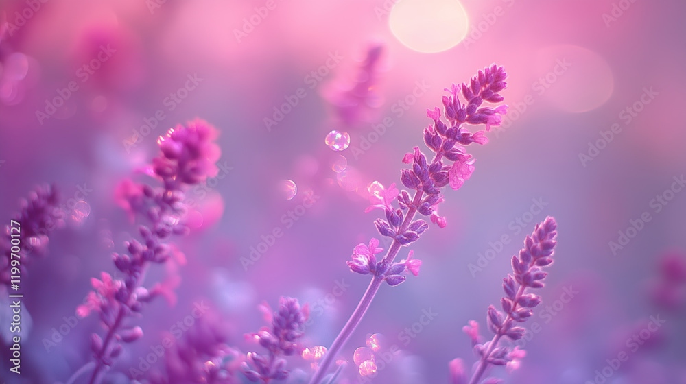 Naklejka premium Bright pink and purple glitter blending with blooming lavender flowers under soft light during a serene afternoon