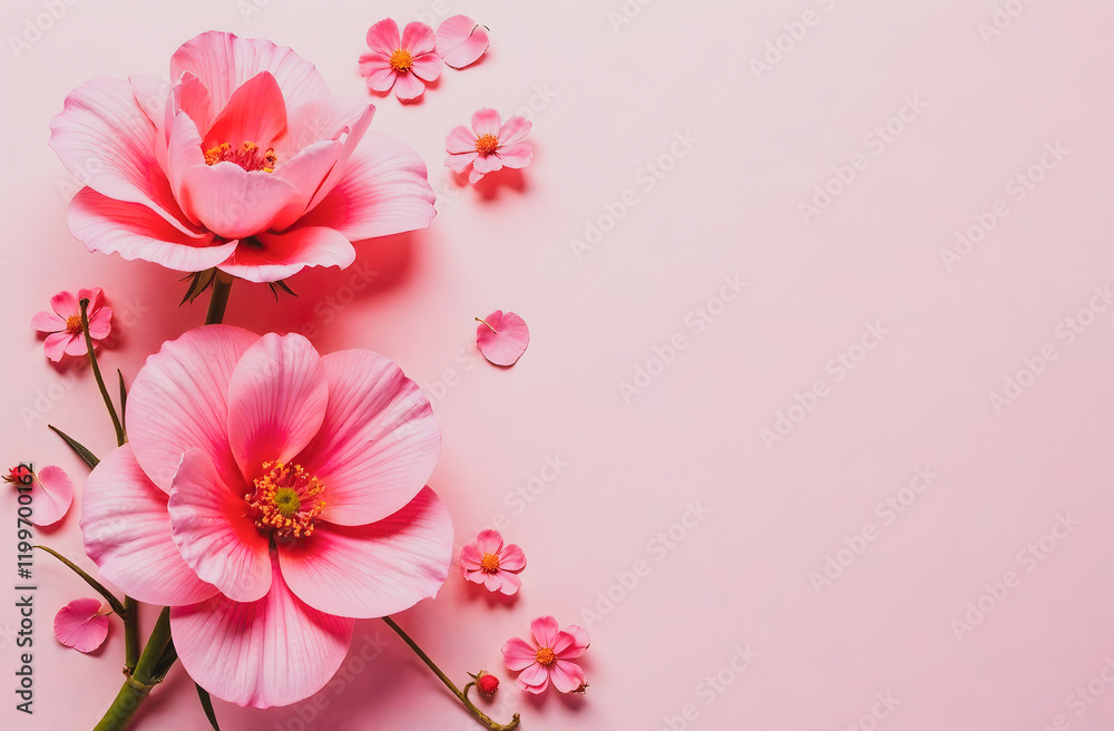Pink flowers on the simple pink background, copy space Pink flowers on the simple pink background, copy space