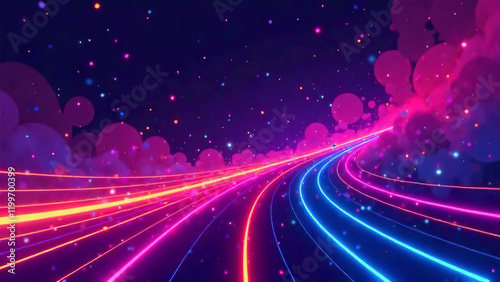Neon rays pass along the road and go beyond the horizon of the space planet.