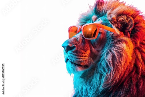 A regal lion sporting regal shades, ideal for editorial use.blank templated, rule of thirds, space for text, isolated white background neon light, extreme right, rule of third