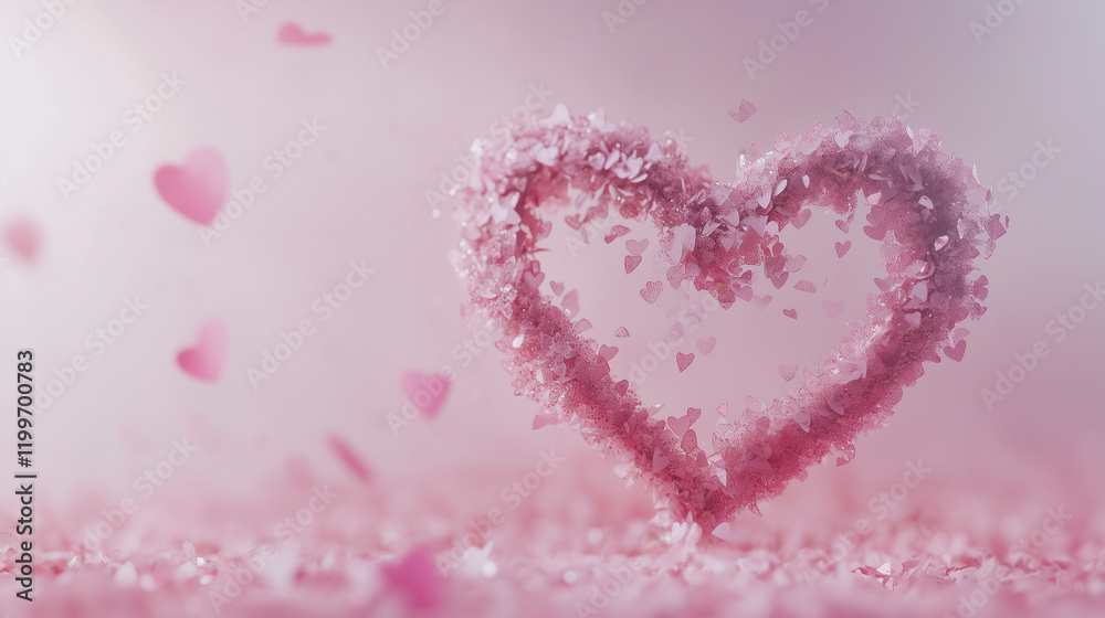 Fototapeta premium Glittering confetti forms a heart shape, creating a whimsical and romantic atmosphere for celebrations and special occasions