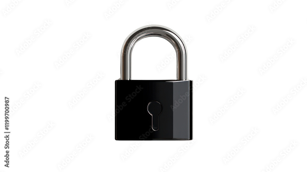 A sleek black padlock with a shiny silver shackle isolated on a white background, symbolizing security and protection. A sleek black padlock with a shiny silver shackle isolated on a white background, symbolizing security and protection.