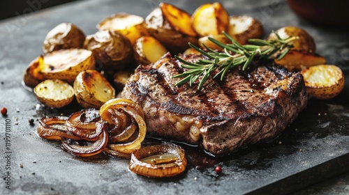 A succulent grilled steak with caramelized onions and roasted potatoes, Steak placed off-center, Warm tungsten light creating a cozy atmosphere photo