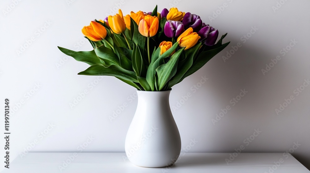 Vibrant Tulips in a White Vase: A Springtime Still Life Vibrant Tulips in a White Vase: A Springtime Still Life