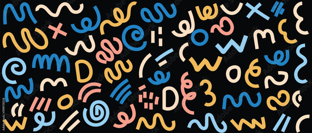 Seamless colorful geometric pattern. Fashion 80-90s style with various shapes: circles, semicircles, dots, zigzags, spirals, wavy lines. Hipster Memphis style.Cute kid doodle
Seamless colorful geometric pattern. Fashion 80-90s style with various shapes: circles, semicircles, dots, zigzags, spirals, wavy lines. Hipster Memphis style.Cute kid doodle
