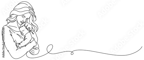 vector illustration of mother holding baby, line art style. mother's day design element, children's day