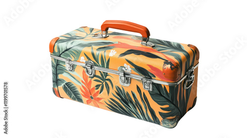 Stylish vintage suitcase with a tropical leaf design, featuring shades of orange and green. Perfect for travel enthusiasts and adventure seekers. photo