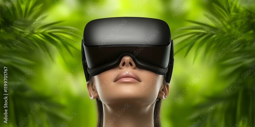 Fototapeta premium A person wearing a virtual reality headset in a lush, green environment. Concept Virtual Reality Experience, Immersive Nature, Green Landscapes, High-tech Adventure, Digital Exploration