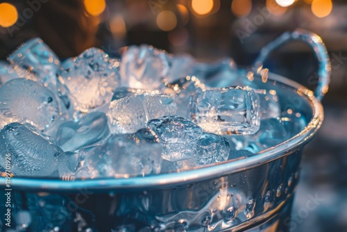 Close-up of ice cubes in a metal bucket with a blurred background of warm bokeh lights. Beverage cooling and party preparation concept. photo