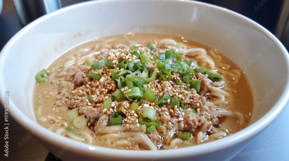 Bowl of dan dan noodles minced pork scallions and a spicy sesame sauce Bowl of dan dan noodles minced pork scallions and a spicy sesame sauce