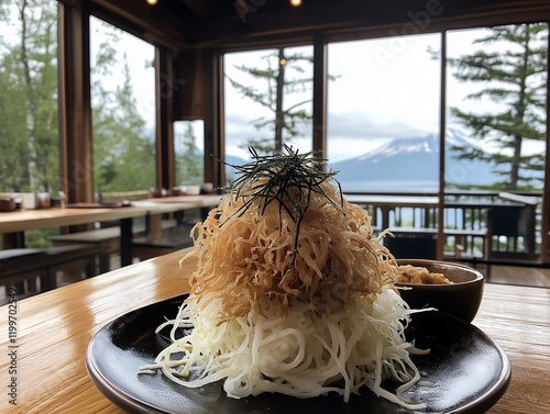 Modern Japanese Restaurant Interior with Gourmet Meal photo