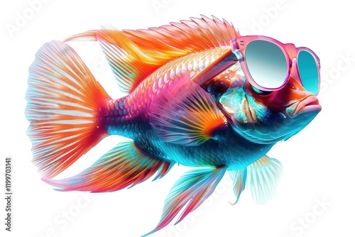 A surrealistic collage of tropical fish wearing funky sunglasses.blank templated, rule of thirds, space for text, isolated white background neon light, extreme right, rule of third