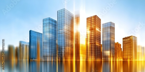A skyline of modern skyscrapers with glass facades reflecting sunlight during sunset. Concept Modern Architecture, Urban Sunset, Skyscraper Reflections, Cityscape Photography, Golden Hour Aesthetics