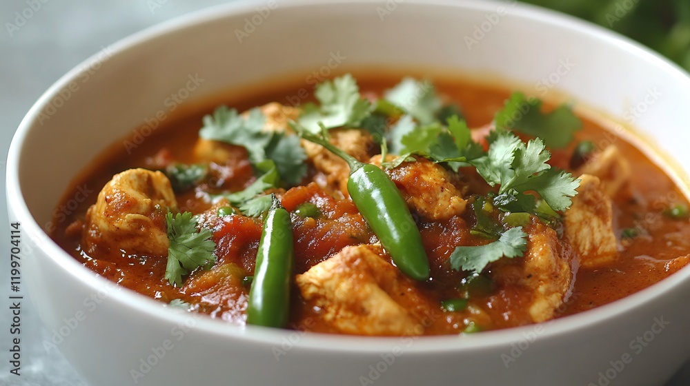 Bowl of desi chicken karahi a rich tomato and ginger gravy garnished with green chilies and cilantro Bowl of desi chicken karahi a rich tomato and ginger gravy garnished with green chilies and cilantro