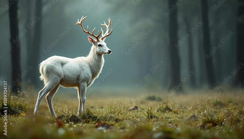 Majestic White Deer in a Foggy Woodland Setting Majestic White Deer in a Foggy Woodland Setting