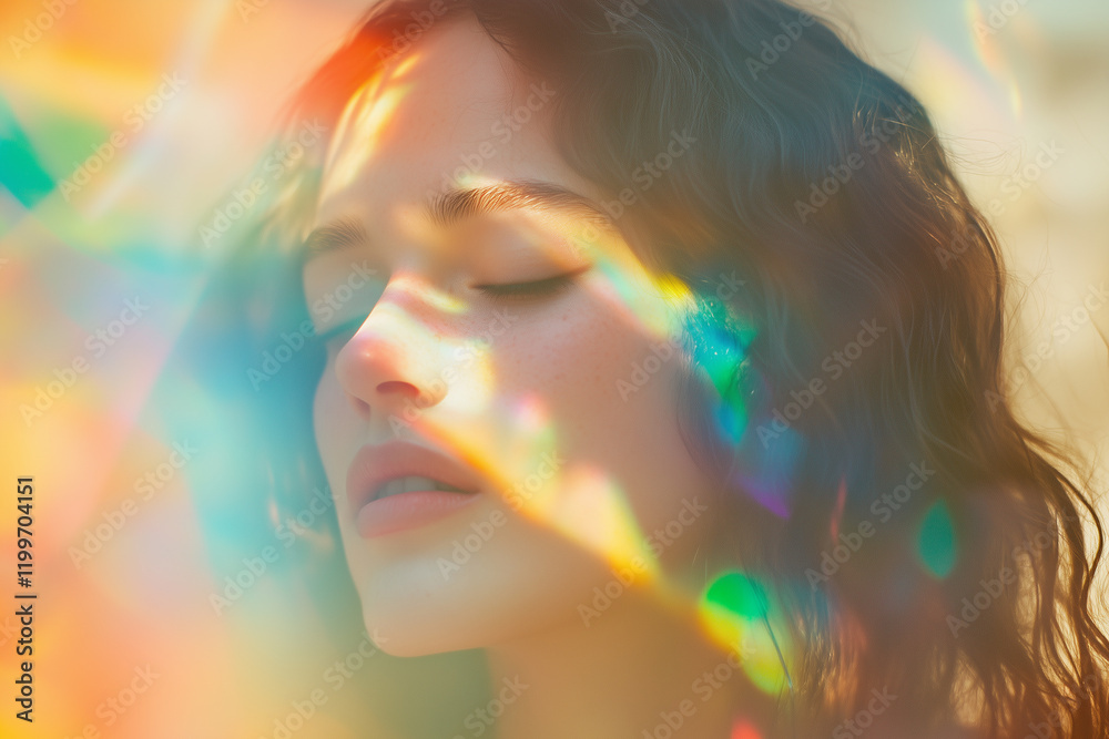 Fototapeta premium Swirling rainbow glitter particles create a dreamlike effect around a serene figure with closed eyes in soft natural light