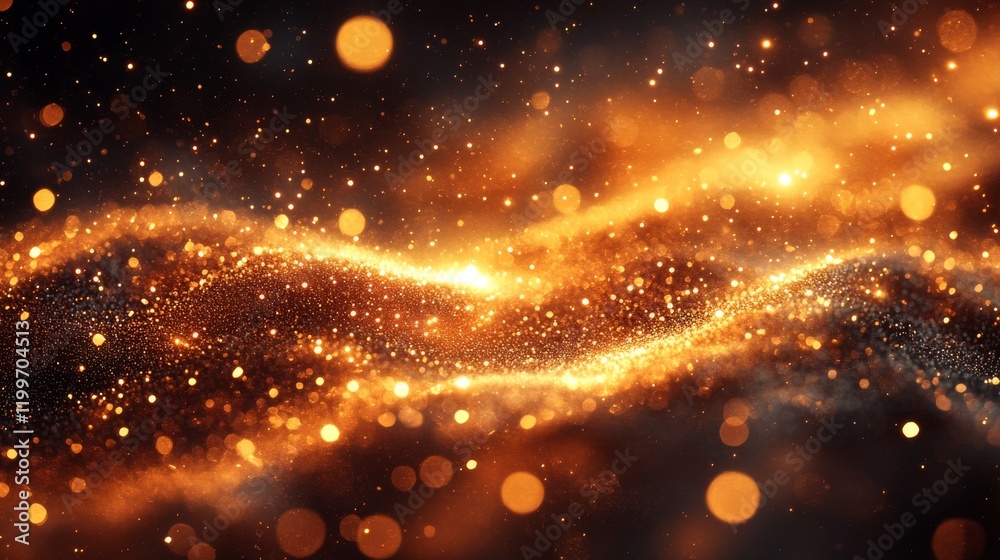 Obraz premium Abstract golden wave with glittering particles and bokeh lights on dark background.