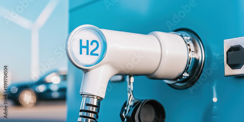 Hydrogen fuel station nozzle close up with modern and clean design photo