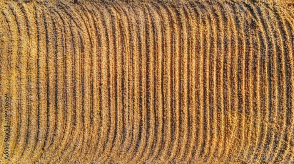 Aerial view of golden harvested fields with patterned rows under bright sunlight, showcasing agriculture Aerial view of golden harvested fields with patterned rows under bright sunlight, showcasing agriculture