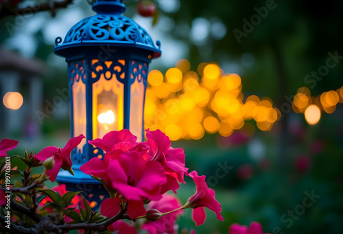 ornate blue lantern, glowing warm light, intricate metalwork, bokeh background, orange lights, pink flowers in foreground, shallow depth of field, nighttime ambiance, Moroccan style, festive atmospher photo