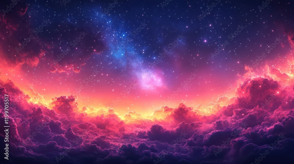 Obraz premium A vibrant depiction of a cosmic landscape featuring colorful clouds, a starry sky, and deep space elements, creating a dreamlike atmosphere.
