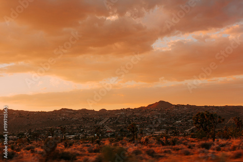 Panoramic view at the city from the mountain at sunset. Palm Springs, California.