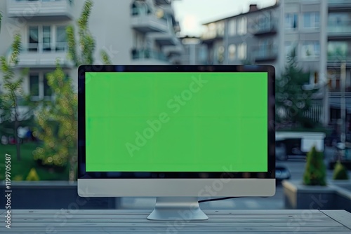 High Definition Image of a Computer Monitor with a Green Screen photo