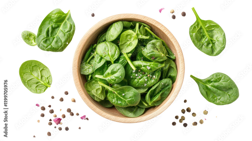 Obraz premium Fresh green spinach leaves in a wooden bowl with scattered leaves around, showcasing a healthy, vibrant composition on a white isolate background.