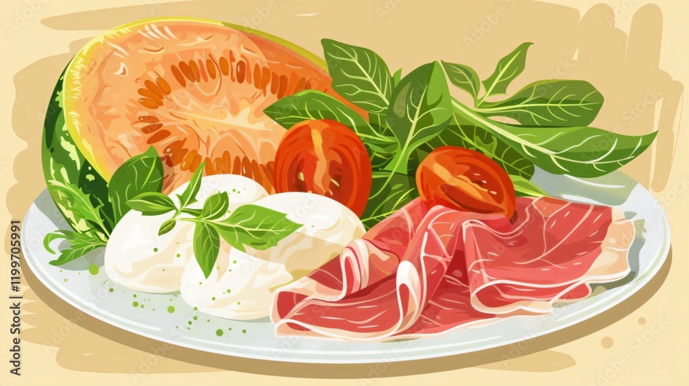 Delicious Fresh Melon with Prosciutto, Mozzarella, and Arugula Platter Delicious Fresh Melon with Prosciutto, Mozzarella, and Arugula Platter