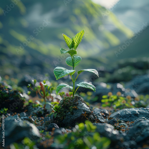 A vibrant, resilient plant thrives amidst a rugged mountain landscape, symbolizing growth and adaptation - AI-Generated