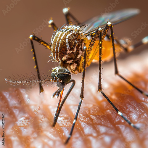 A close-up image of a mosquito resting on human skin, with distinctive yellow and white wing patterns contrasting against black veins The focus is on the mosquitos details, empha - AI-Generated photo