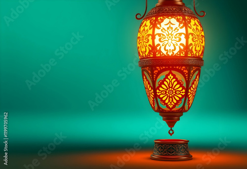 Ornate Ramadan lantern, glowing warm light, dates on wooden table, teal background, bokeh lights, festive atmosphere, shallow depth of field, moody lighting, Islamic celebration, traditional decoratio photo