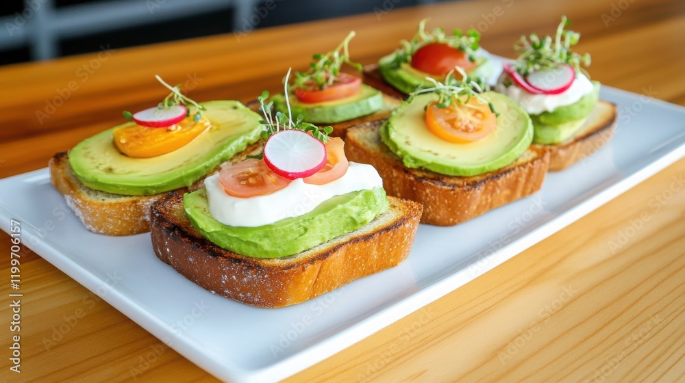 a selection of avocado toast with various toppings like cherry tomatoes, radishes, and microgreens a selection of avocado toast with various toppings like cherry tomatoes, radishes, and microgreens